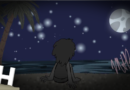 A digital painting of a man sitting on the sand, looking out over the ocean on a moonlit night. The artwork has a black vignette.