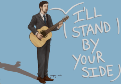 A fan drawing of Rob Cantor standing in a suit playing acoustic guitar. large text reading "I'll stand by your side" is in a speech bubble coming from his mouth