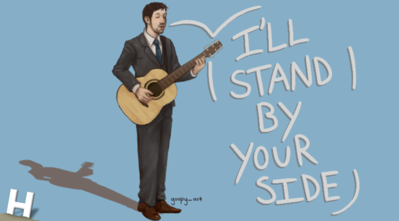 A fan drawing of Rob Cantor standing in a suit playing acoustic guitar. large text reading "I'll stand by your side" is in a speech bubble coming from his mouth