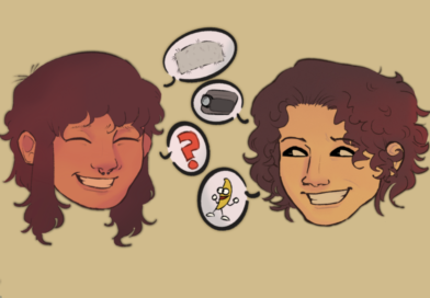 cartoon talking heads of Nymn and remy, with speech bubbles depicting imagery of the interview topics