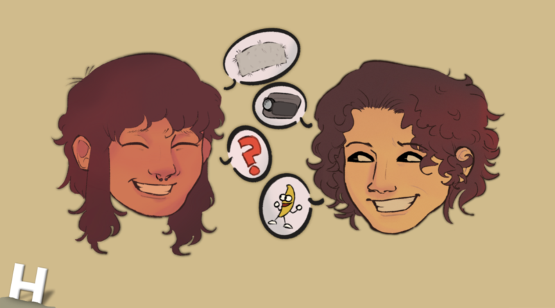 cartoon talking heads of Nymn and remy, with speech bubbles depicting imagery of the interview topics